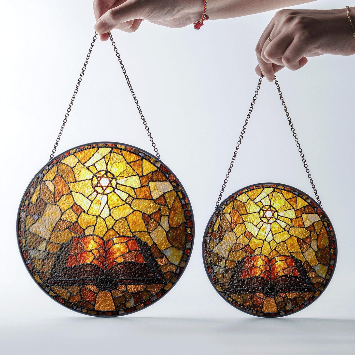 Glowing bible and radiant cross suncatcher round stained glass style christian window gift
