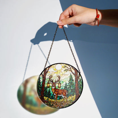 Majestic deer forest stained glass round suncatcher woodland decor Christmas gift for nature lover