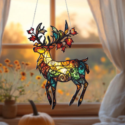 Colorful Deer Window Hanging Decoration, Autumn Forest Stag With Maple Leaves, Nature Inspired Hanging Art For Home And Seasonal Decor