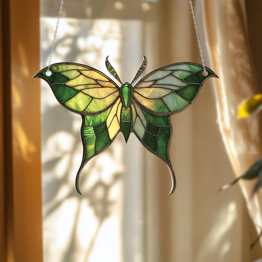 Green And Yellow Luna Moth Window Hanging Decoration, Nature Inspired Butterfly Design For Home, Garden, And Seasonal Room Decor
