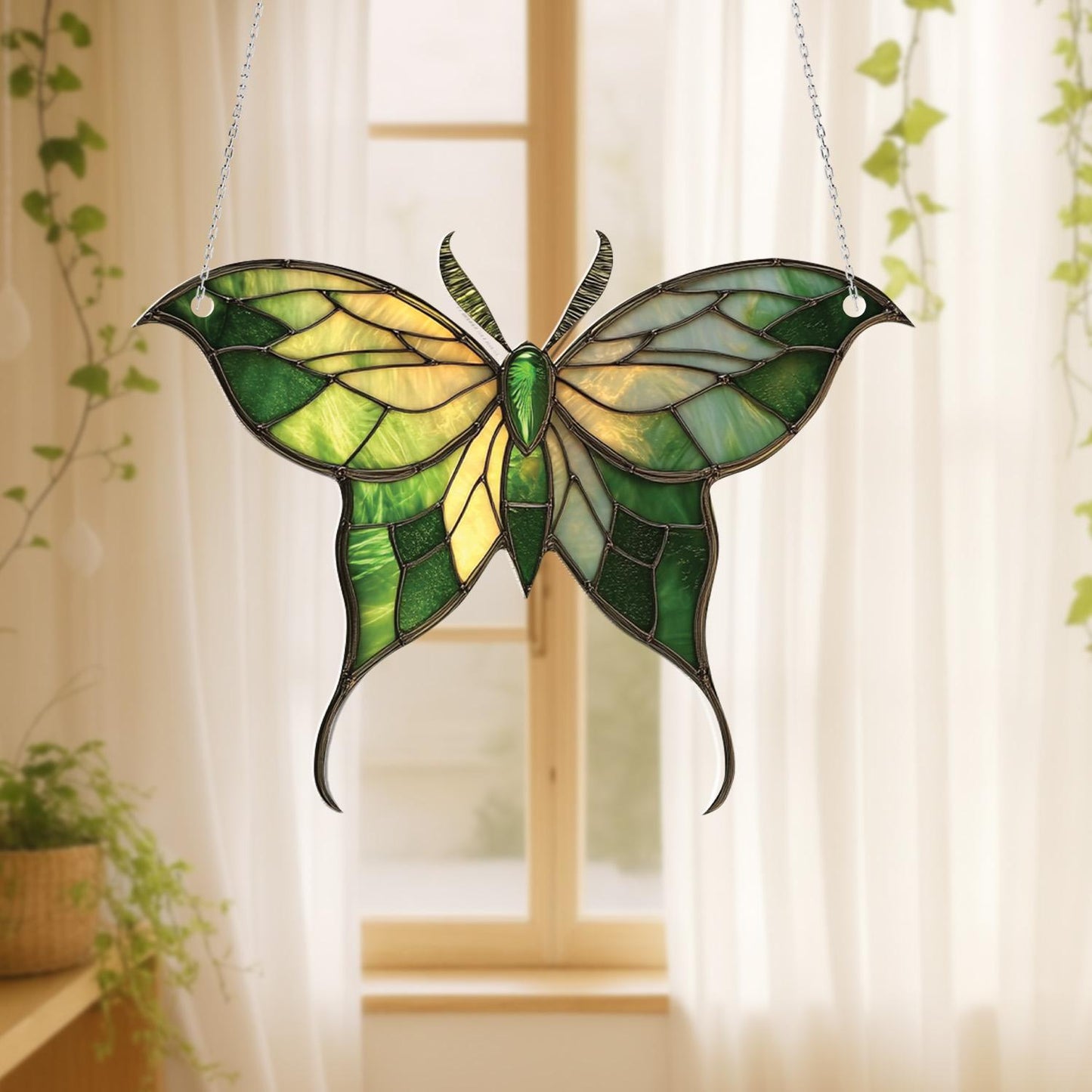 Green And Yellow Luna Moth Window Hanging Decoration, Nature Inspired Butterfly Design For Home, Garden, And Seasonal Room Decor