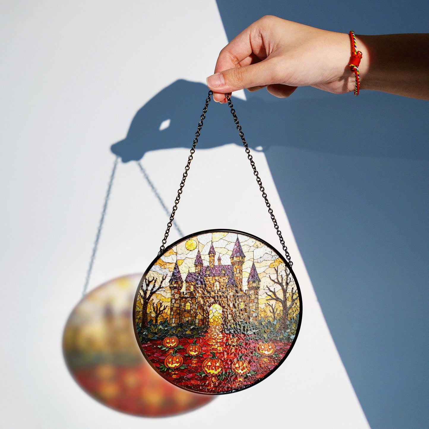 Suncatcher stained glass haunted castle with pumpkins Halloween gift for mom or spooky home decor