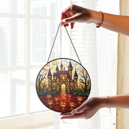 Suncatcher stained glass haunted castle with pumpkins Halloween gift for mom or spooky home decor