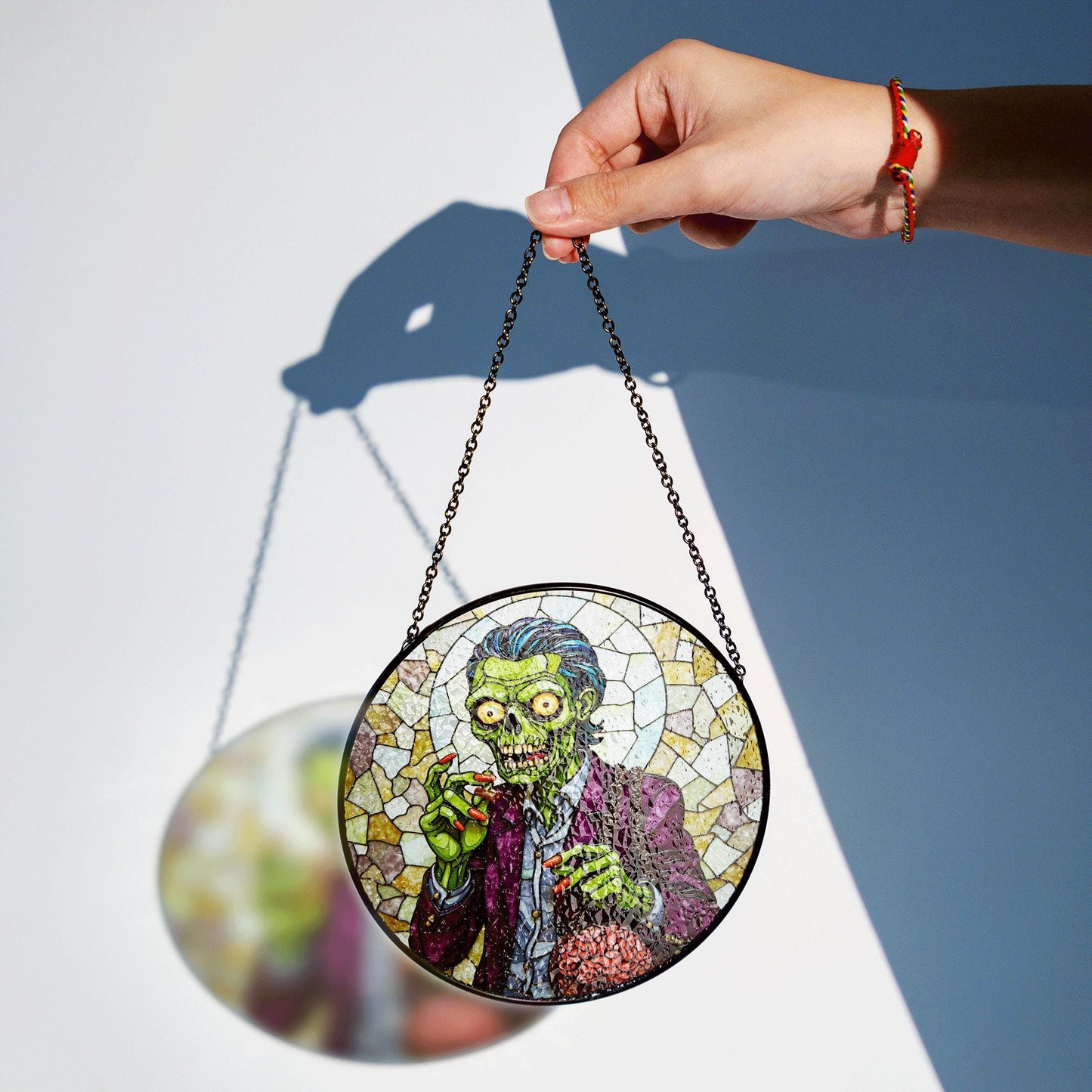 suncatcher stained glass zombie holding brain halloween gift for horror lover