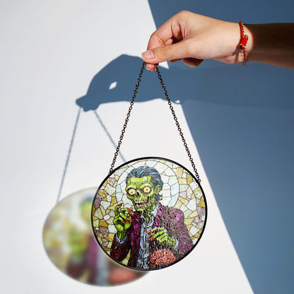 suncatcher stained glass zombie holding brain halloween gift for horror lover