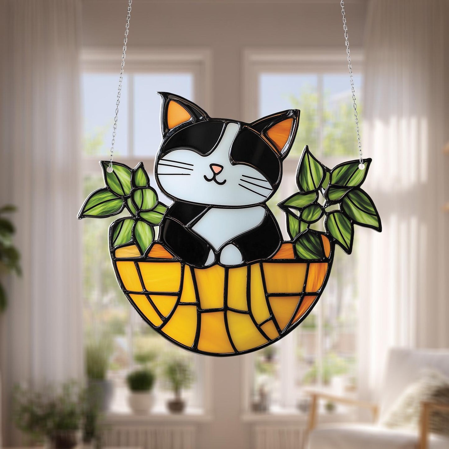 Cute Cat In Basket Window Hanging Decoration, Adorable Black And White Kitty With Green Leaves Design For Home, Garden, And Pet Lovers