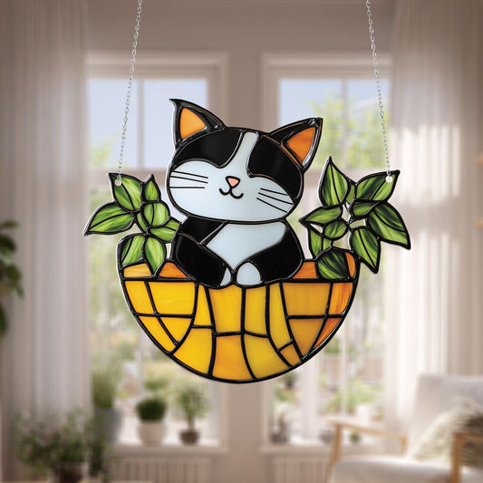 Cute Cat In Basket Window Hanging Decoration, Adorable Black And White Kitty With Green Leaves Design For Home, Garden, And Pet Lovers