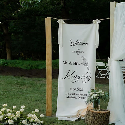 Custom Fabric Wedding Welcome Sign, Custom Hanging Banner for Outdoor Garden Ceremony, Rustic Fabric Signage, Personalized Wedding Decor