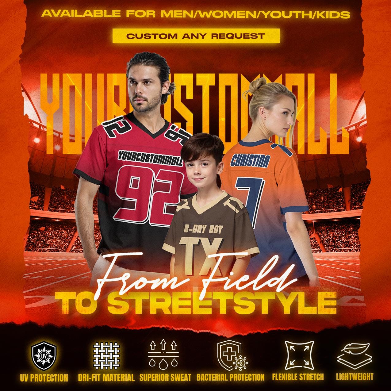 Custom Football Shirt Print Team Name number, Personalized Concert Outfit Football fan tee Gift for Men Women Kid Custom Jersey colors