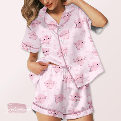 Cute Axolotl Pajama – Black Satin Short Set with Adorable Pink Axolotl Print | Kawaii Sleepwear for Women & Teens