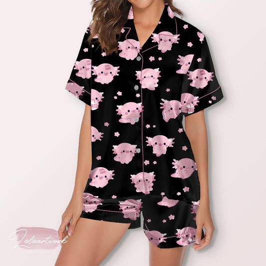 Cute Axolotl Pajama – Black Satin Short Set with Adorable Pink Axolotl Print | Kawaii Sleepwear for Women & Teens