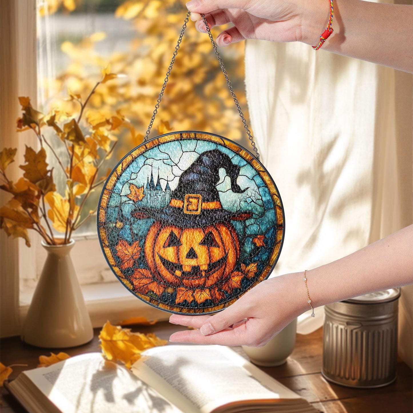 Fall Pumpkin Witch Stained Glass Suncatcher, Pumpkin Fall Vibes Window Hanging Decor, Charming Pumpkin Suncatcher, Fall Suncatcher Decor
