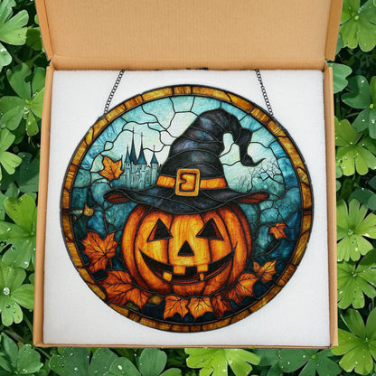 Fall Pumpkin Witch Stained Glass Suncatcher, Pumpkin Fall Vibes Window Hanging Decor, Charming Pumpkin Suncatcher, Fall Suncatcher Decor