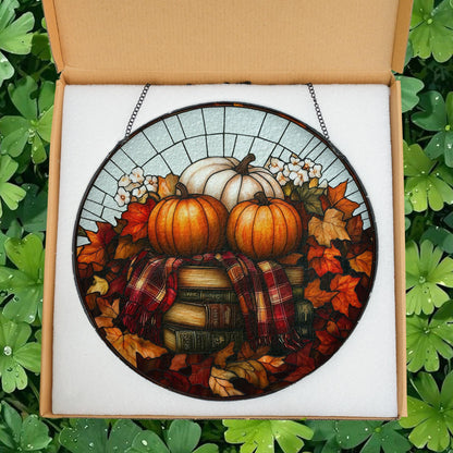 Pumpkin Books Stained Glass Decor, Cozy Fall Suncatcher with Leaves & Plaid, Thanksgiving Rustic Decor for Autumn Home or Reading Nook