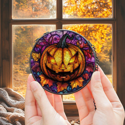 Halloween Pumpkin Stained Glass Suncatcher – Spooky Jack-O’-Lantern Window Hanging Decor or Gift, Glowing Fall Accent for Haunted Home