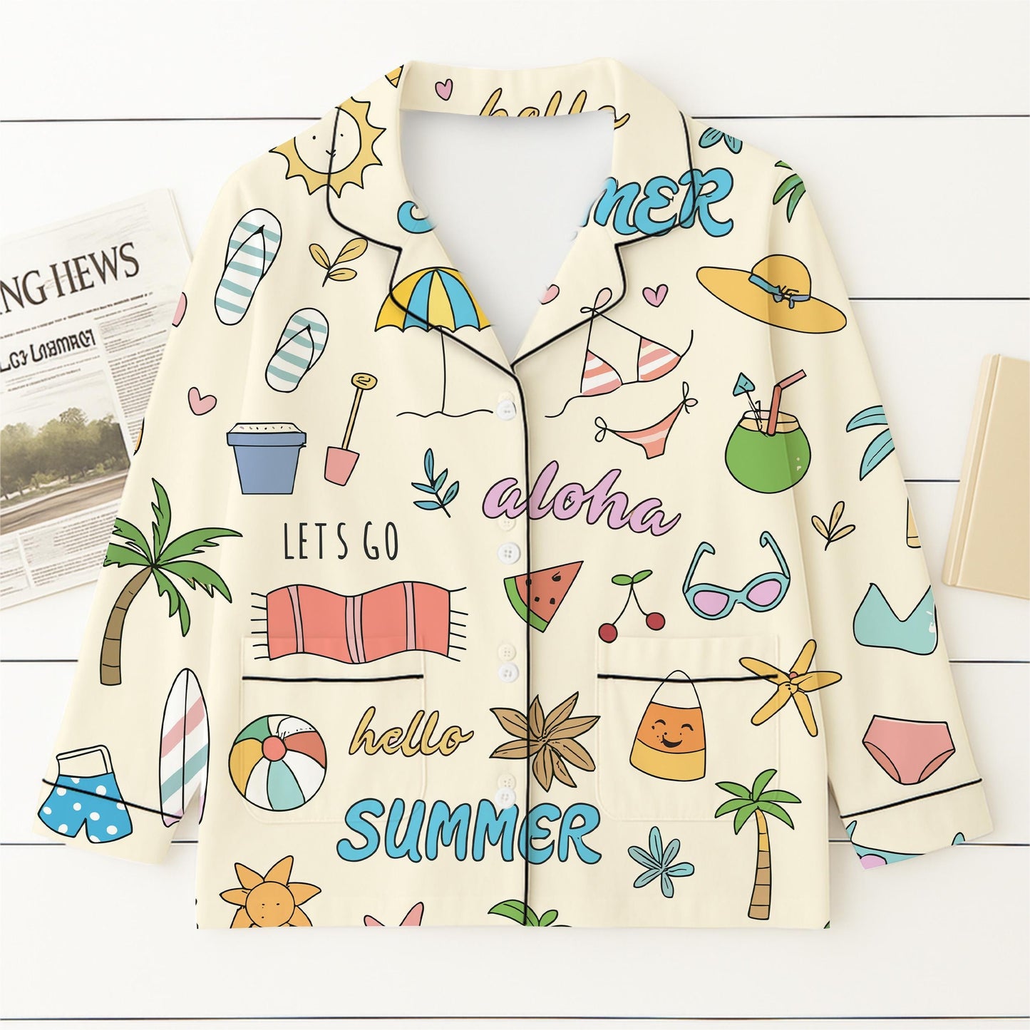 Hello Summer Pajamas Set, Aloha Summer Sleepwear, Beach Pattern Homewear, Marine Life Pjs, Funny Vacation Gift