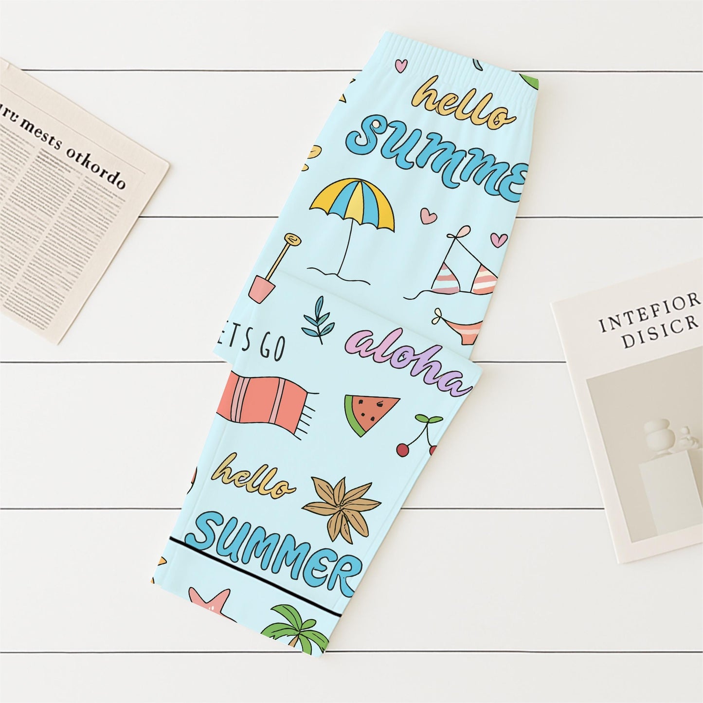 Hello Summer Pajamas Set, Aloha Summer Sleepwear, Beach Pattern Homewear, Marine Life Pjs, Funny Vacation Gift