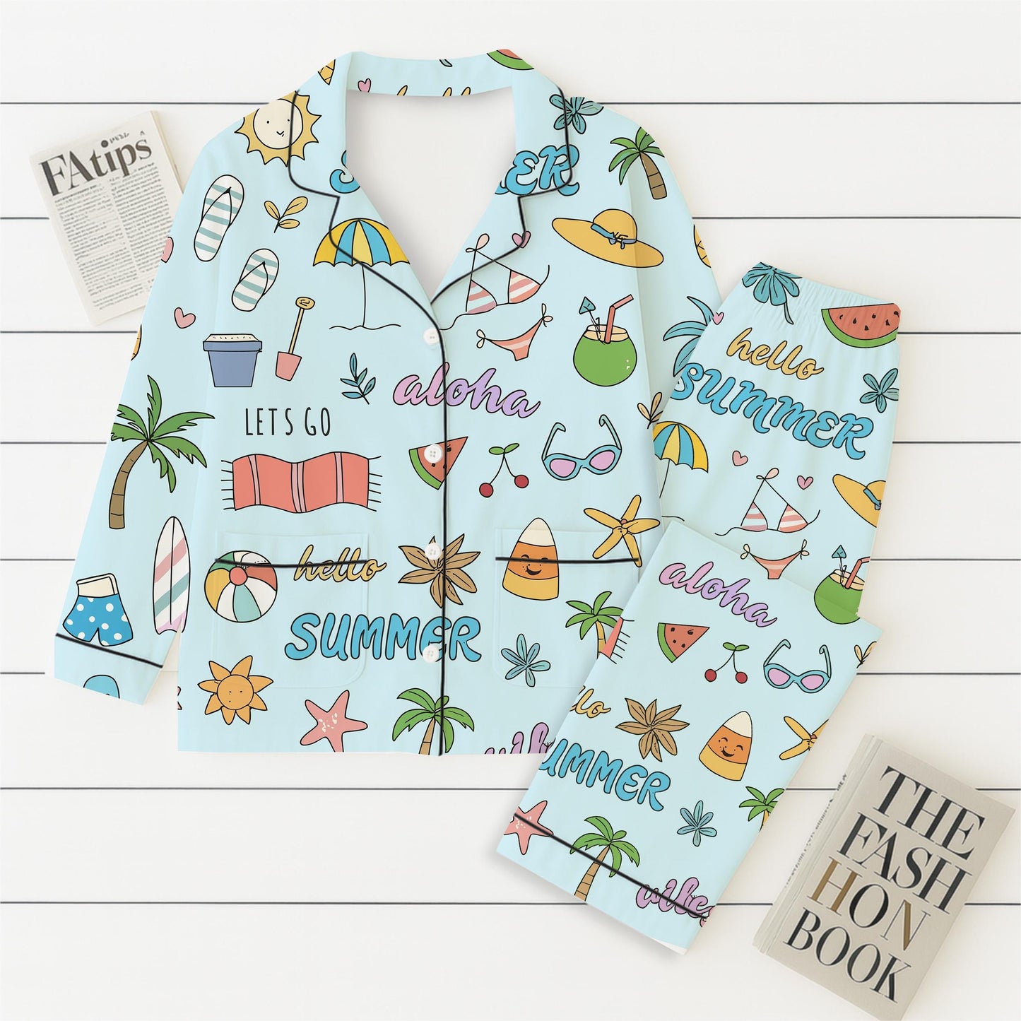 Hello Summer Pajamas Set, Aloha Summer Sleepwear, Beach Pattern Homewear, Marine Life Pjs, Funny Vacation Gift