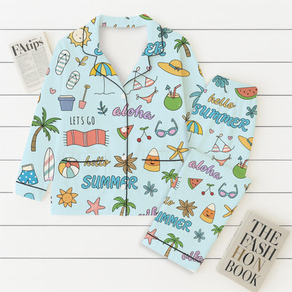 Hello Summer Pajamas Set, Aloha Summer Sleepwear, Beach Pattern Homewear, Marine Life Pjs, Funny Vacation Gift
