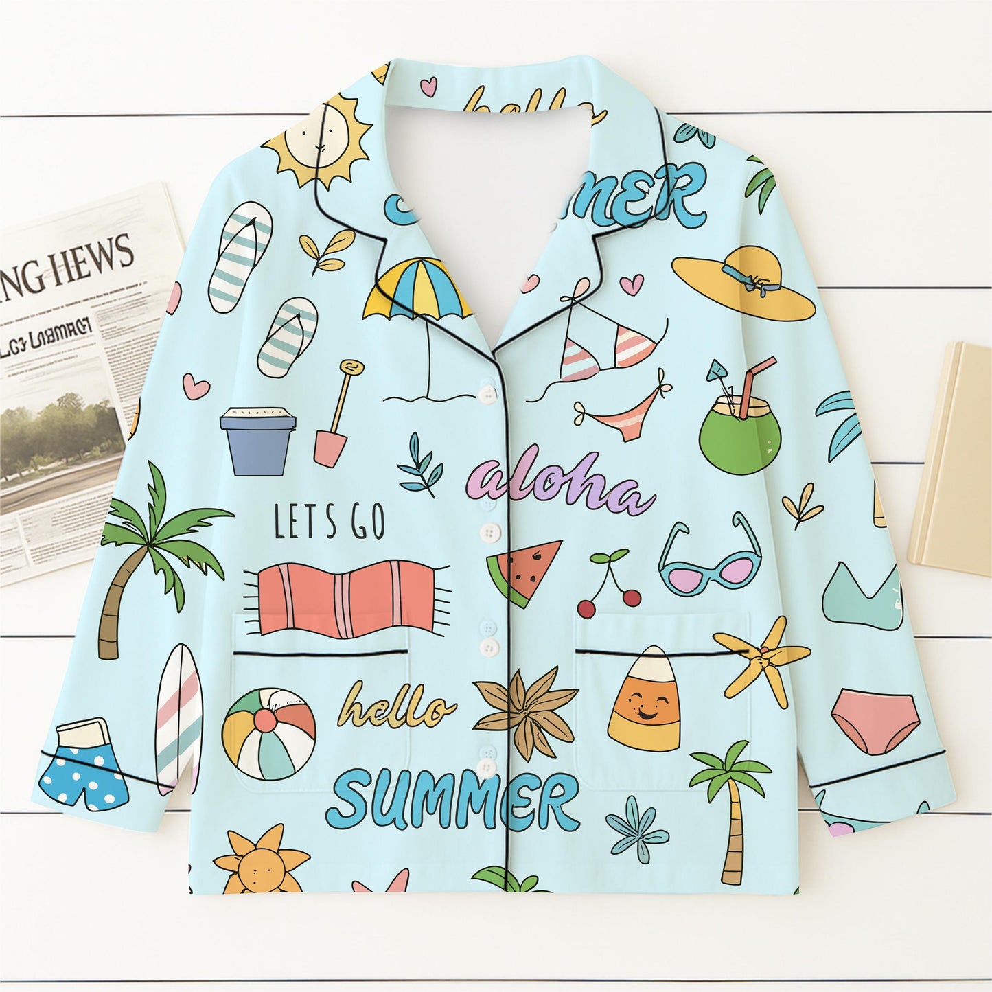 Hello Summer Pajamas Set, Aloha Summer Sleepwear, Beach Pattern Homewear, Marine Life Pjs, Funny Vacation Gift