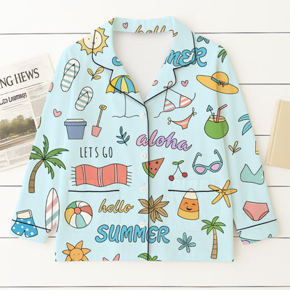 Hello Summer Pajamas Set, Aloha Summer Sleepwear, Beach Pattern Homewear, Marine Life Pjs, Funny Vacation Gift