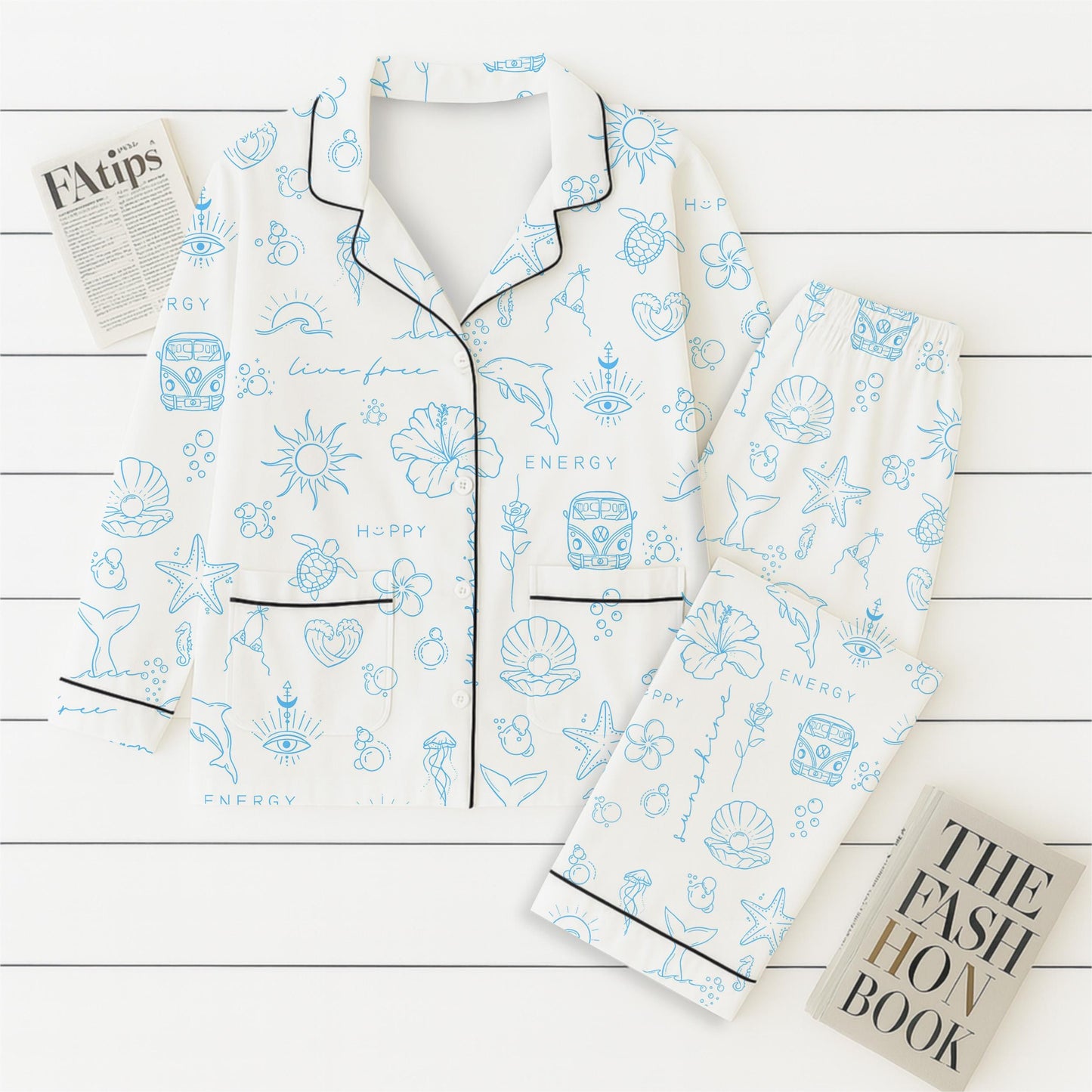 Beach Pattern Pajamas Set, Marine Life Sleepwear, Sea Theme Homewear, Summer Vacation Gift, Sunshine Pyjamas, Halloween Gift