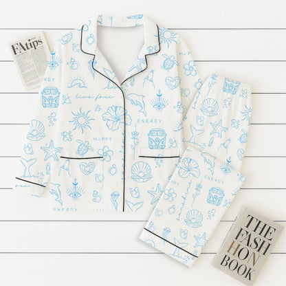 Beach Pattern Pajamas Set, Marine Life Sleepwear, Sea Theme Homewear, Summer Vacation Gift, Sunshine Pyjamas, Halloween Gift