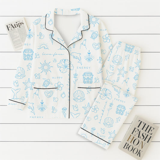 Beach Pattern Pajamas Set, Marine Life Sleepwear, Sea Theme Homewear, Summer Vacation Gift, Sunshine Pyjamas, Halloween Gift