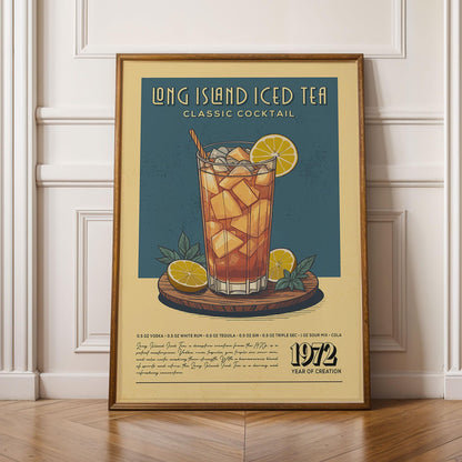Long Island Iced Tea Cocktail Print, LIT Cocktail Poster | Bar Cart Prints | Vintage Cocktail Art Bar Accessories for Home Bar Cart