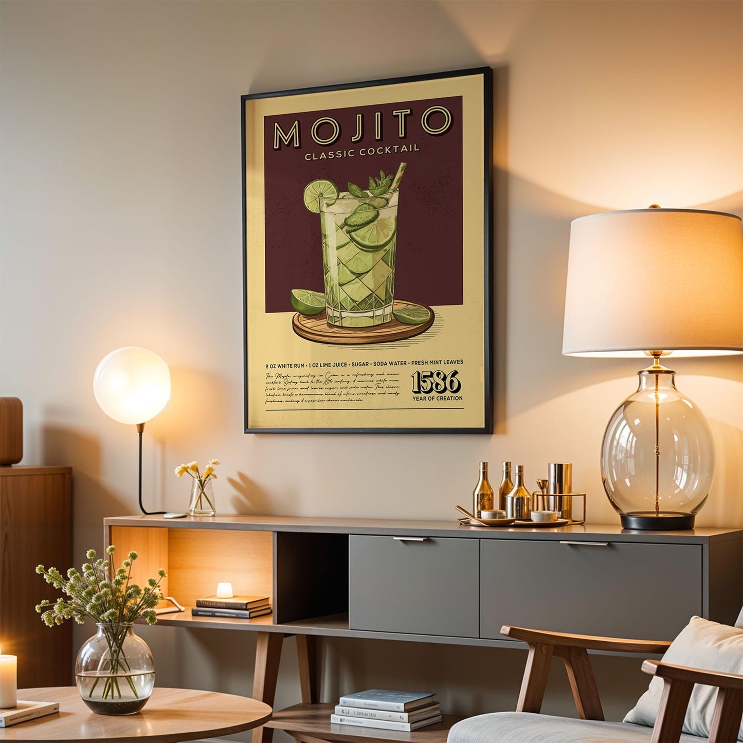 Mojito Cocktail Print, Mojito Cocktail Poster, Bar Wall Art, Classic Bar Cart Art Prints, Retro Cocktail Print, Bar Cart Accessories