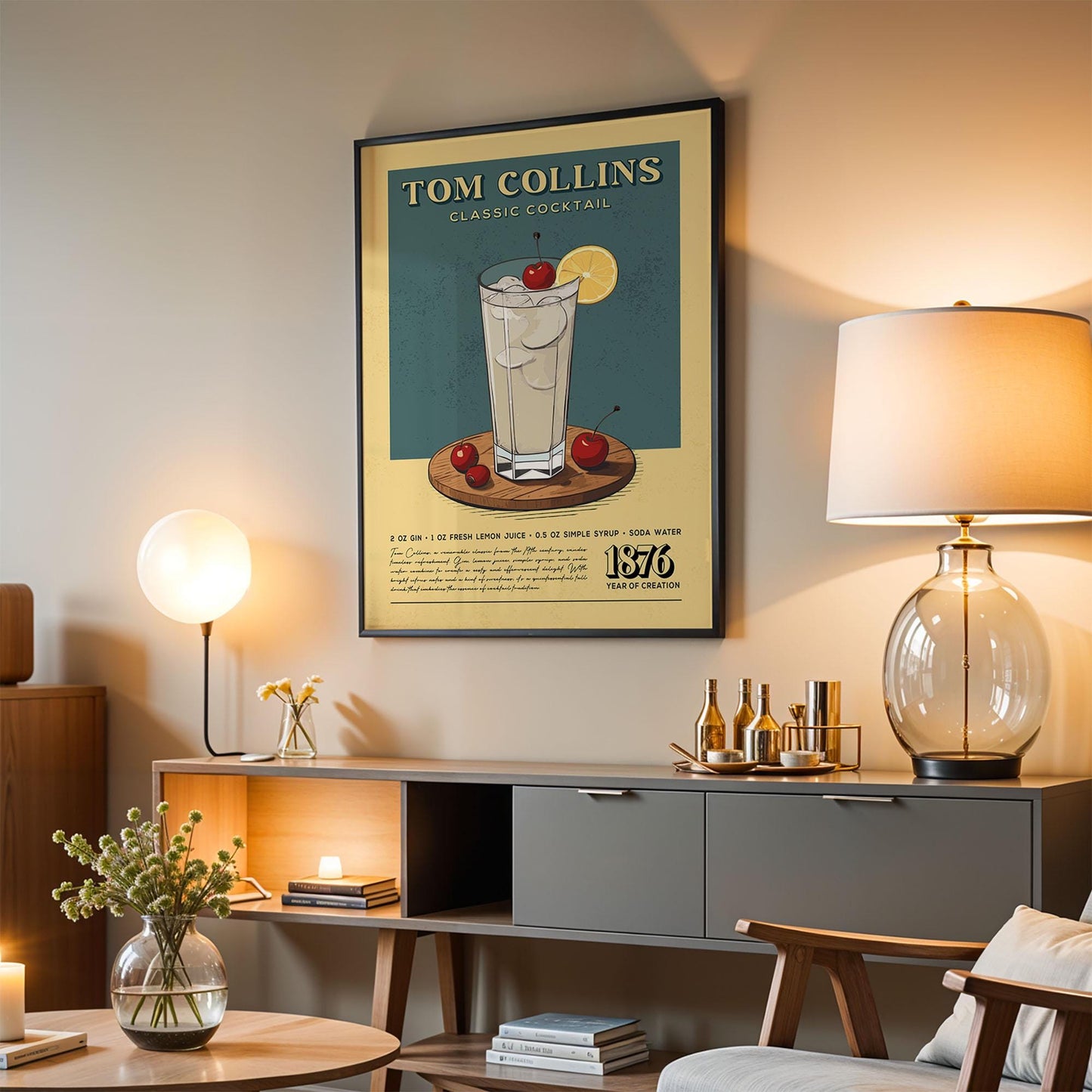 Tom Collins Cocktail Print, Tom Collins Cocktail Poster | Bar Cart Prints | Vintage Alcohol Poster for Home Bar Cart Cart