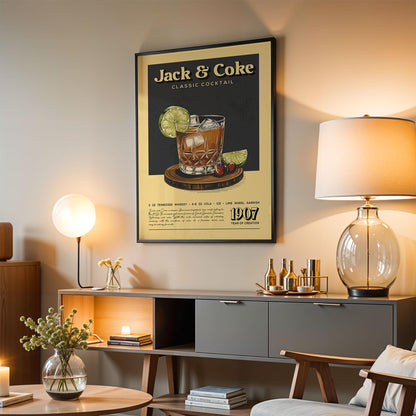 Jack and Coke Cocktail Print, Jack and Coke Cocktail Poster | Bar Cart Prints | Vintage Cocktail Art Bar Accessories for Home Bar Cart