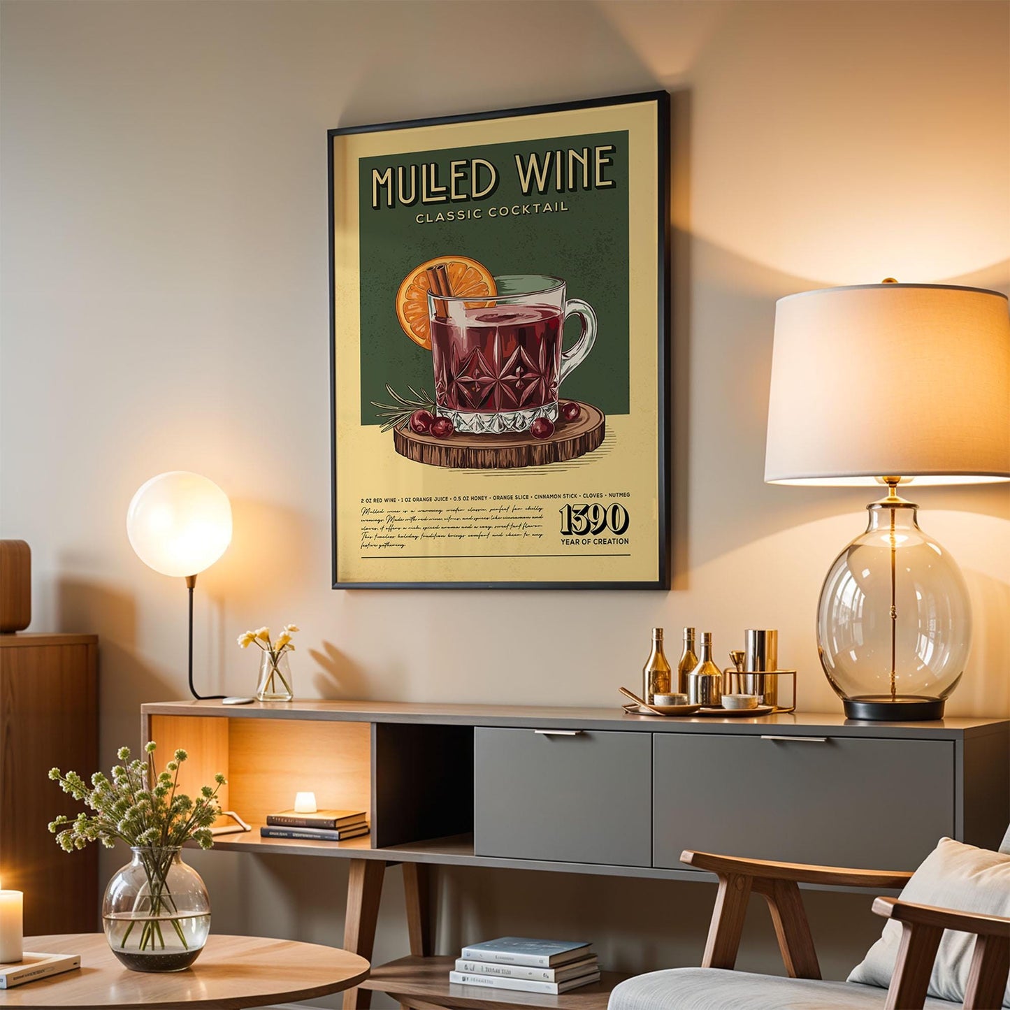 Mulled Wine Cocktail Print, Retro Mulled Wine Cocktail Poster | Bar Cart Prints | Vintage Kitchen Wall Art for Home Bar Cart
