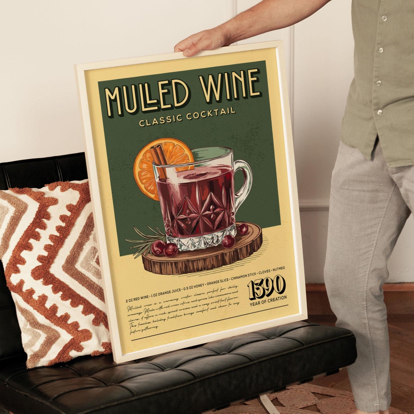 Mulled Wine Cocktail Print, Retro Mulled Wine Cocktail Poster | Bar Cart Prints | Vintage Kitchen Wall Art for Home Bar Cart