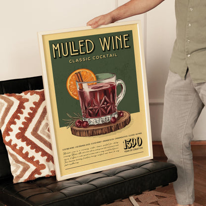 Mulled Wine Cocktail Print, Retro Mulled Wine Cocktail Poster | Bar Cart Prints | Vintage Kitchen Wall Art for Home Bar Cart