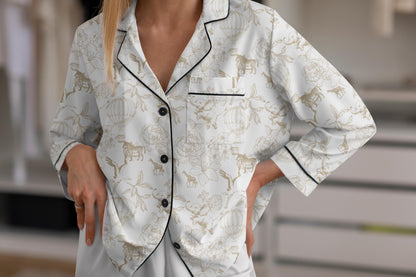 Pearls and Prosecco Bridal Pajamas – Toile de Jouy Satin Pajama Set – Bride Getting Ready Outfit – Bridesmaid Gift Box – Wedding PJs