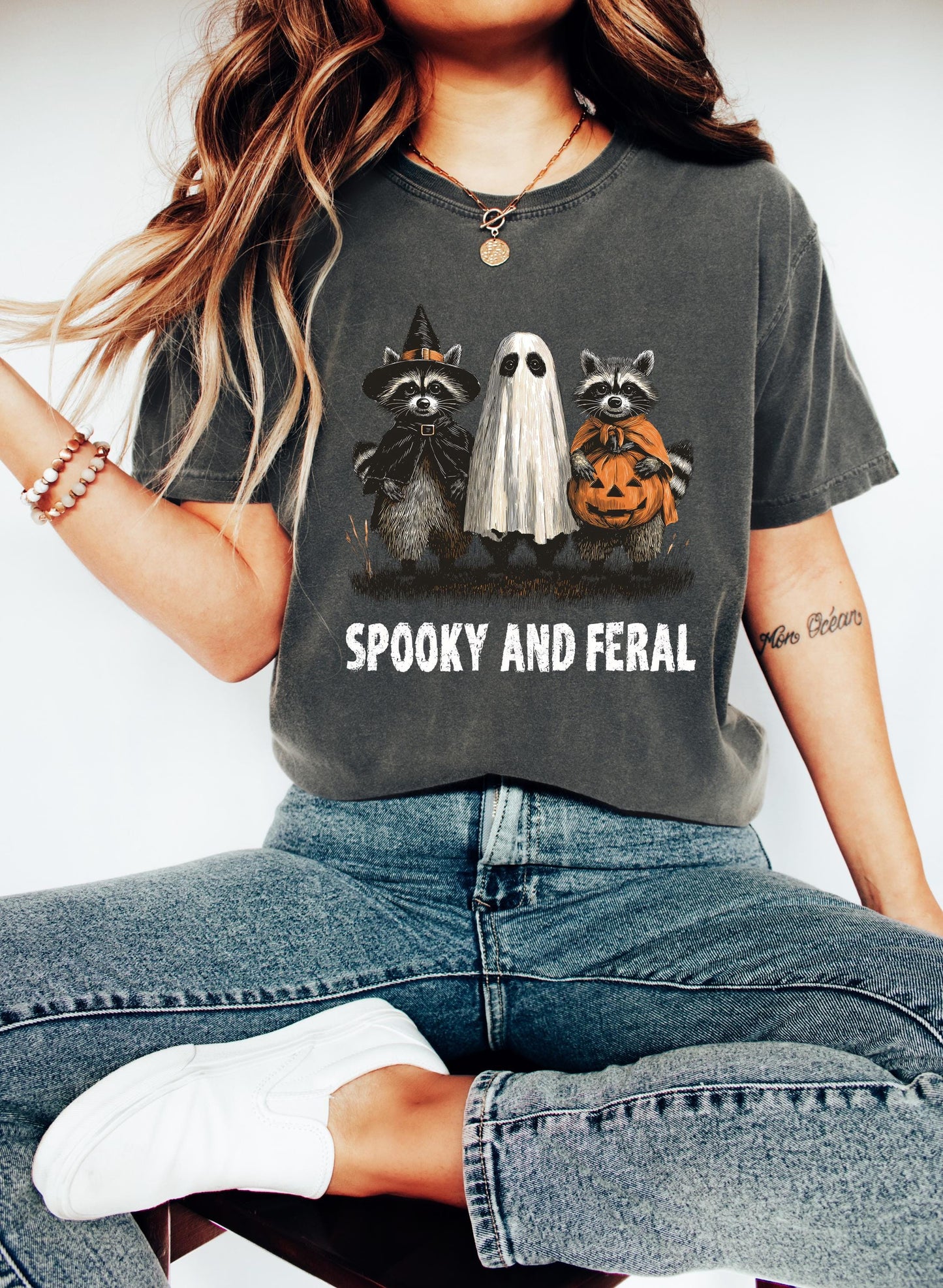 Comfort Colors® Spooky and Feral Raccoon Shirt, Halloween Shirt, Funny Halloween Gifts, Creepy Cute Raccoon Shirt, Raccoon Halloween Shirt