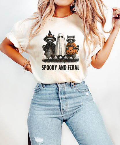 Comfort Colors® Spooky and Feral Raccoon Shirt, Halloween Shirt, Funny Halloween Gifts, Creepy Cute Raccoon Shirt, Raccoon Halloween Shirt