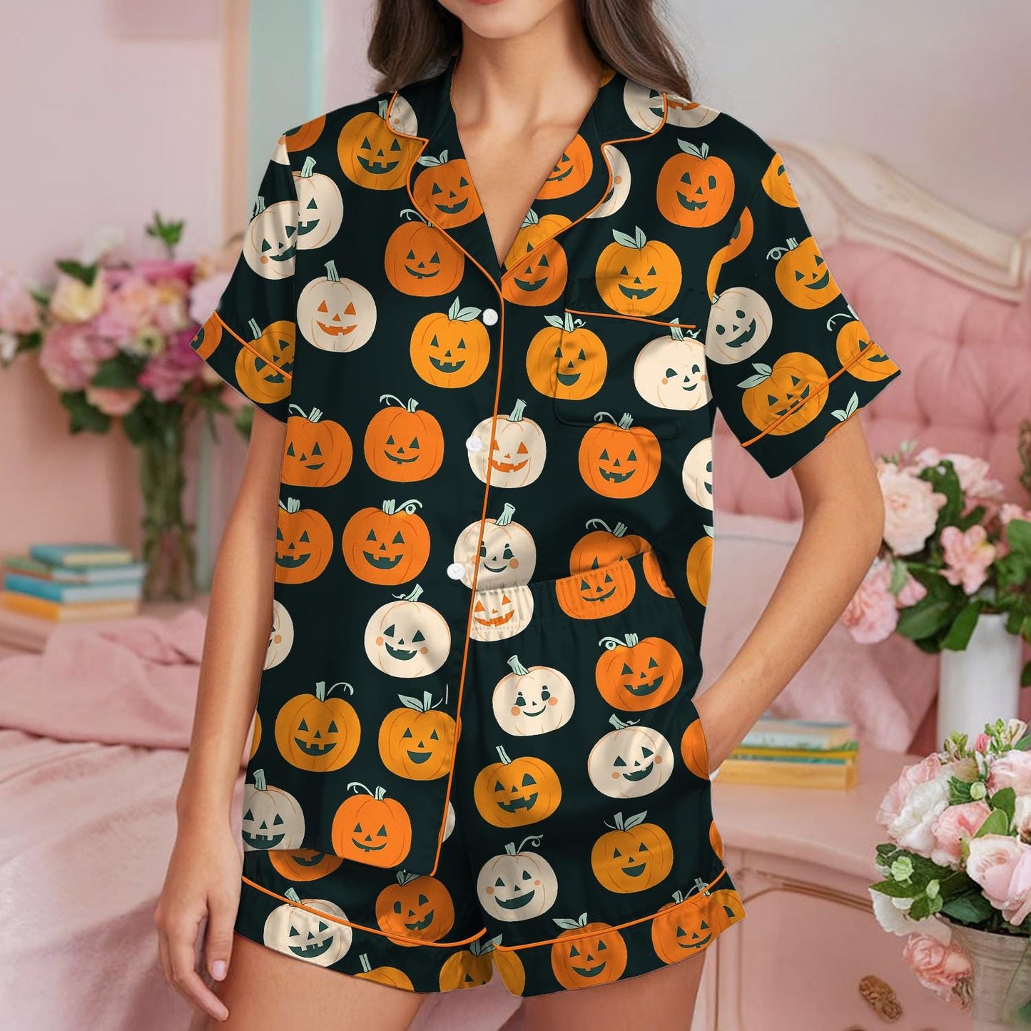 Halloween Pumpkin Pjs, Pumpkin Season Sleepwear, Autumn Fall Pajama Set, Thanksgiving Loungewear Set, Fall Pumpkin Pajamas, Ghost Pumpkin