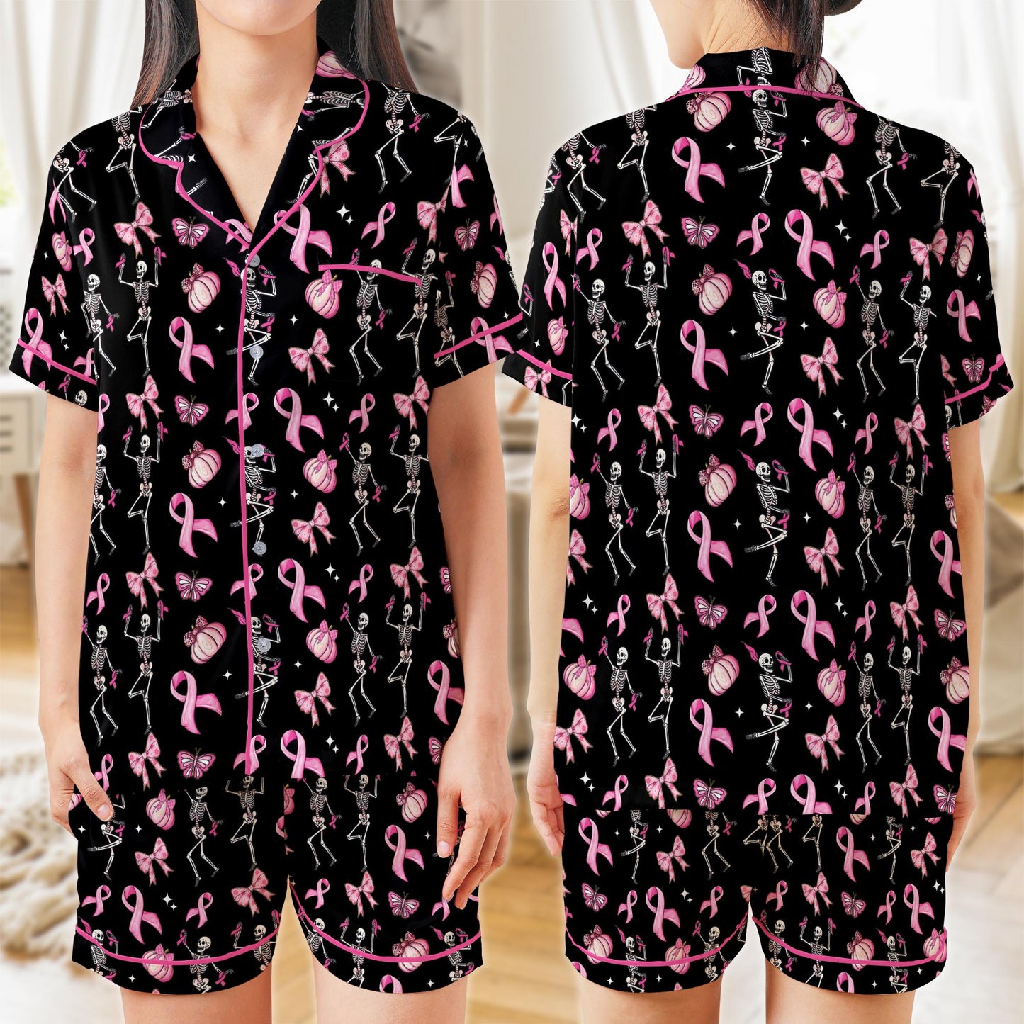 Pink Ribbon Skeleton Pajama Set, Breast Cancer Awareness Halloween Pajamas, Coquette Pumpkin Sleepwear, In October We Wear Pink Pajamas Set