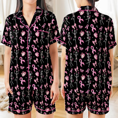 Pink Ribbon Skeleton Pajama Set, Breast Cancer Awareness Halloween Pajamas, Coquette Pumpkin Sleepwear, In October We Wear Pink Pajamas Set