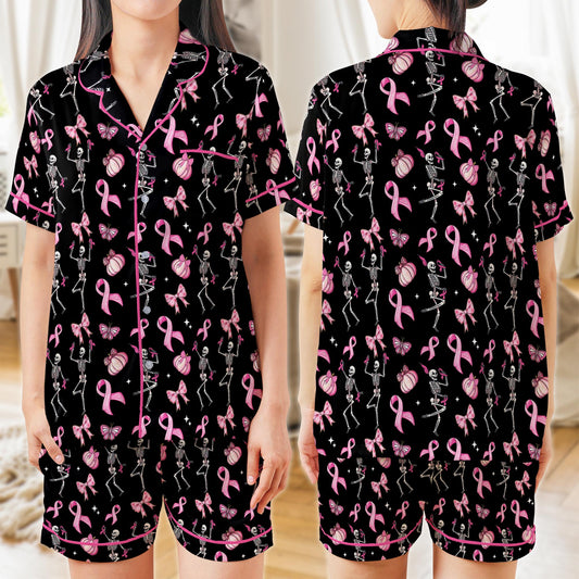 Pink Ribbon Skeleton Pajama Set, Breast Cancer Awareness Halloween Pajamas, Coquette Pumpkin Sleepwear, In October We Wear Pink Pajamas Set