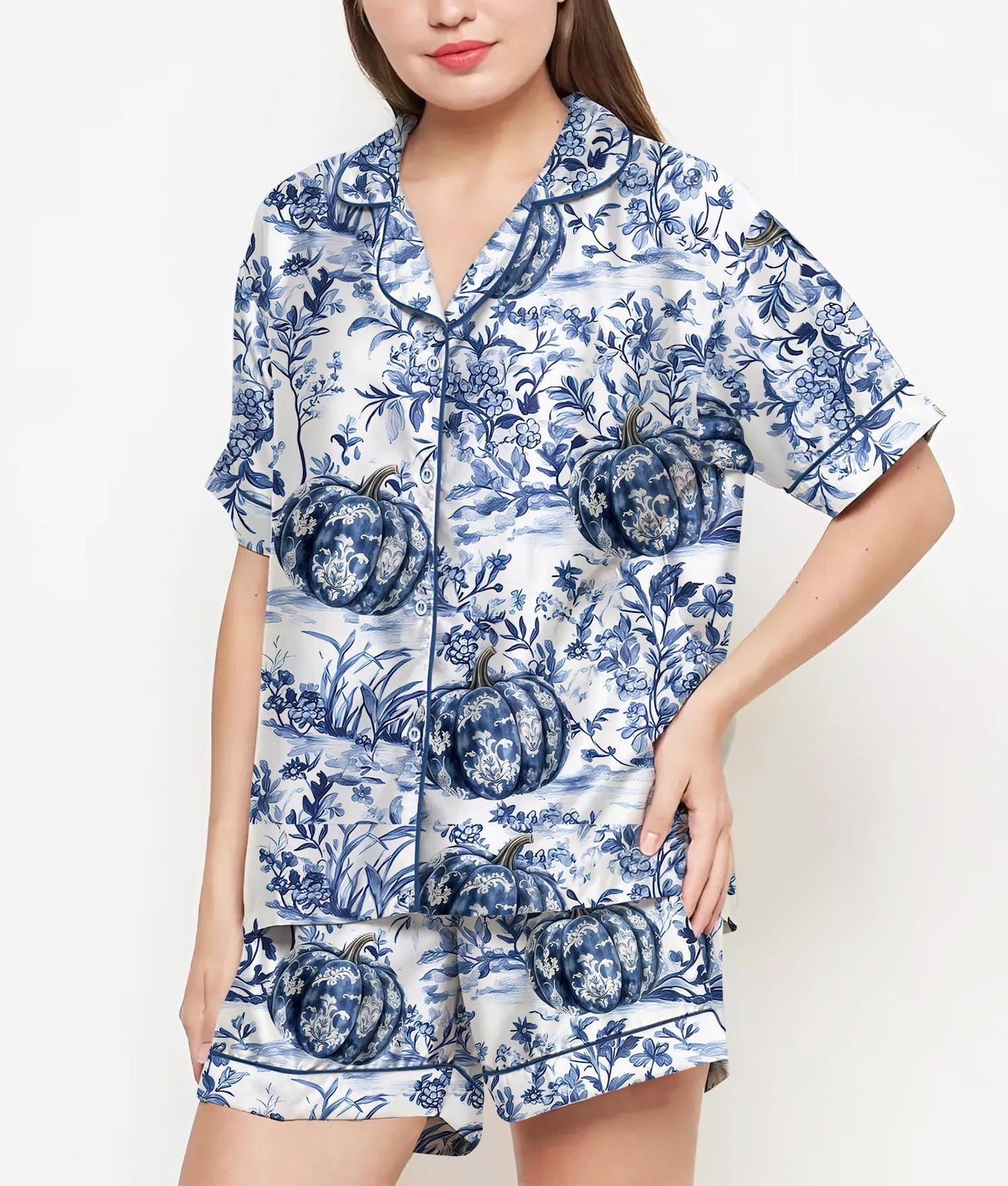 Blue Pumpkin Halloween Gifts, Halloween Shirt, Pajama Satin Set, Halloween Coquette, Spooky Season, Fall Gift, Gift For Halloween