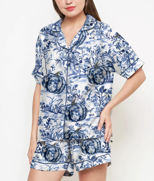 Blue Pumpkin Halloween Gifts, Halloween Shirt, Pajama Satin Set, Halloween Coquette, Spooky Season, Fall Gift, Gift For Halloween