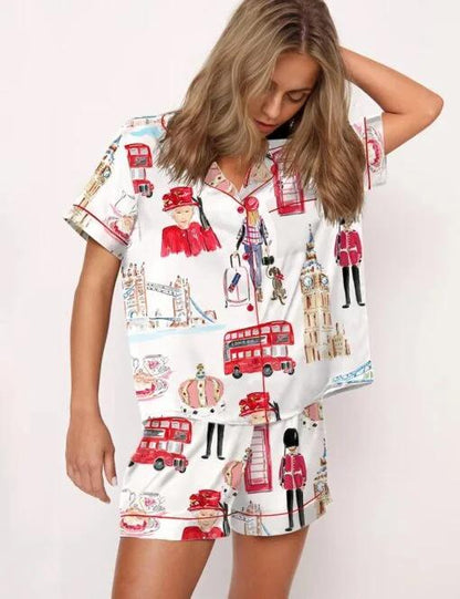 London Travel Watercolor Satin Pajama Set For Women  Pajamas Set