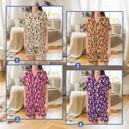 Black Cat And Ghost Halloween Satin Pajama Set, Cute Boo Ghost Cat Halloween Pajamas, Spooky Season Loungewear For Women, Halloween Gift