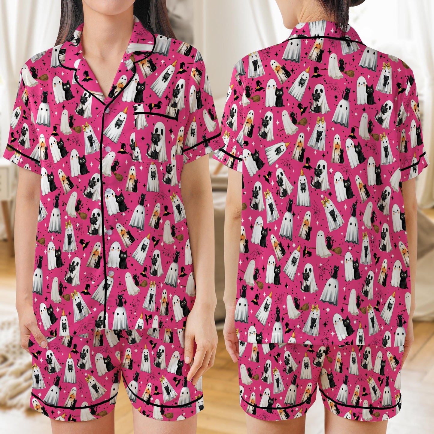 Black Cat And Ghost Halloween Satin Pajama Set, Cute Boo Ghost Cat Halloween Pajamas, Spooky Season Loungewear For Women, Halloween Gift