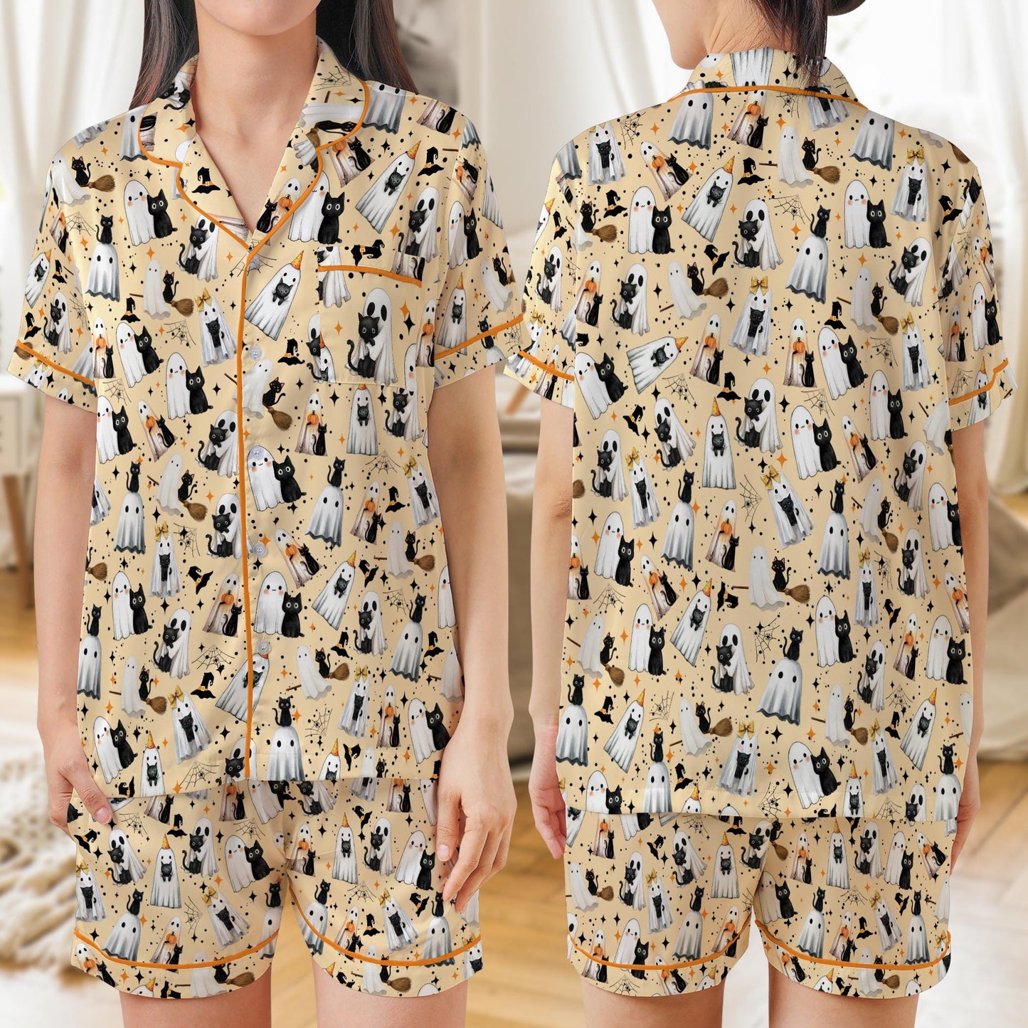 Black Cat And Ghost Halloween Satin Pajama Set, Cute Boo Ghost Cat Halloween Pajamas, Spooky Season Loungewear For Women, Halloween Gift