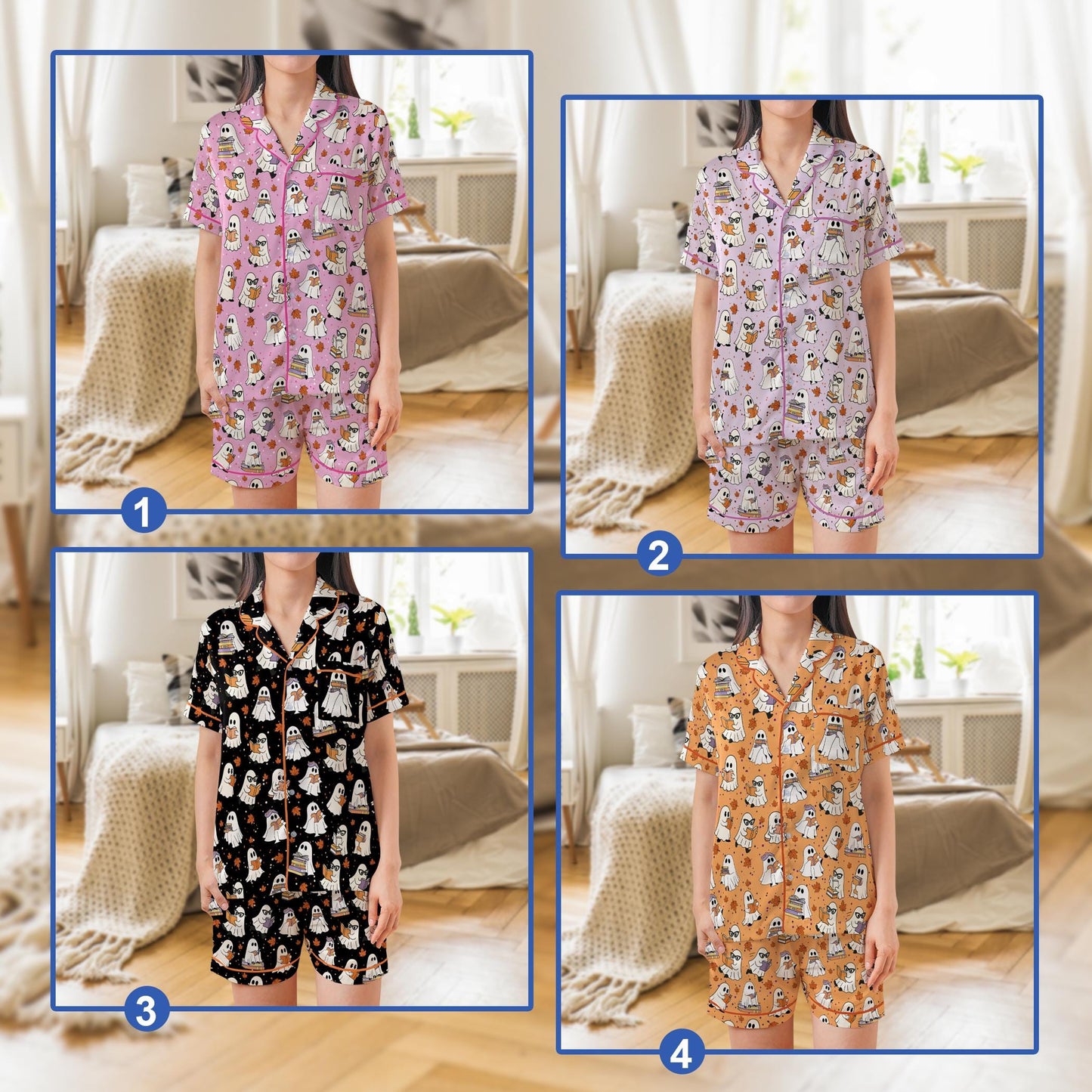 Bookish Ghost Halloween Pajamas, Reading Ghost Satin Pajama Set, Cute Halloween Sleepwear, Book Lover Spooky Loungewear Gift For Women