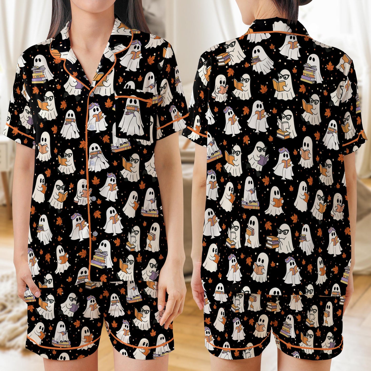 Bookish Ghost Halloween Pajamas, Reading Ghost Satin Pajama Set, Cute Halloween Sleepwear, Book Lover Spooky Loungewear Gift For Women